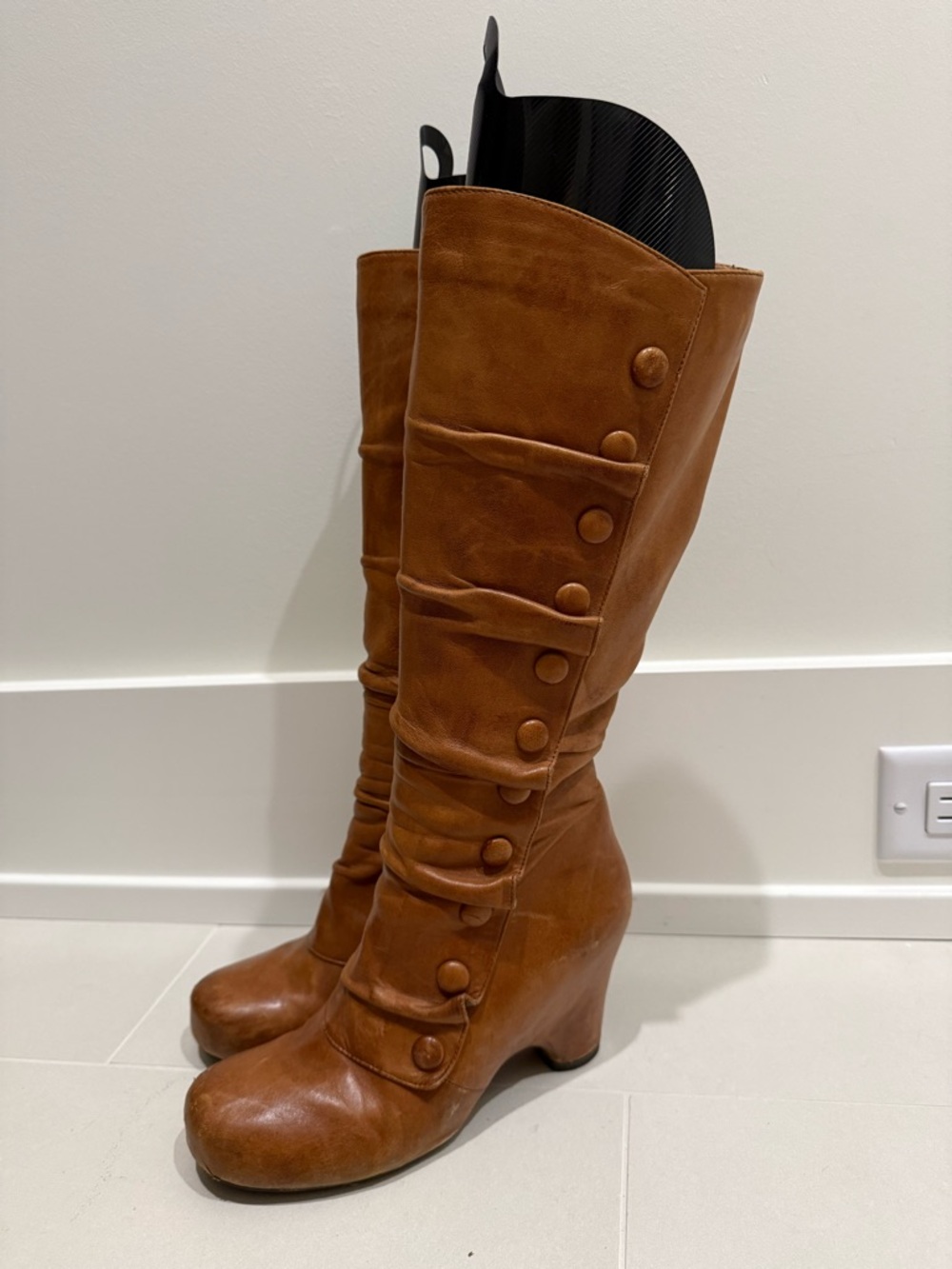 Miz Mooz Brown Button-Detail Wedge Knee Boots